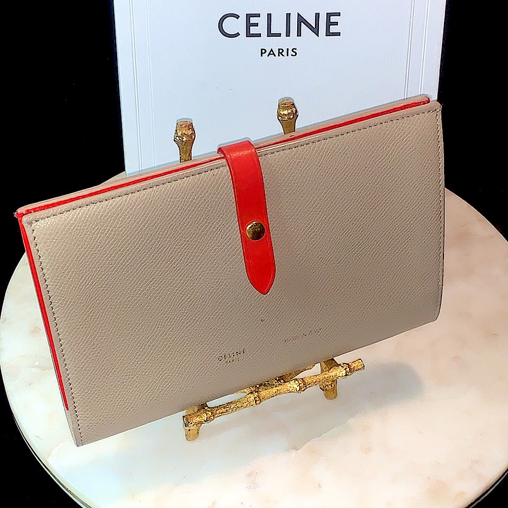 CELINE LARGE MULTIFUNCTION STRAP WALLET PHOEBE PHILO TAUPE RED GRAINED CALF 2018